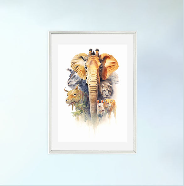 アフリカの動物のアートポスター銀フレームあり