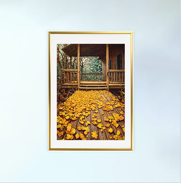 秋の紅葉のアートポスター金フレームあり