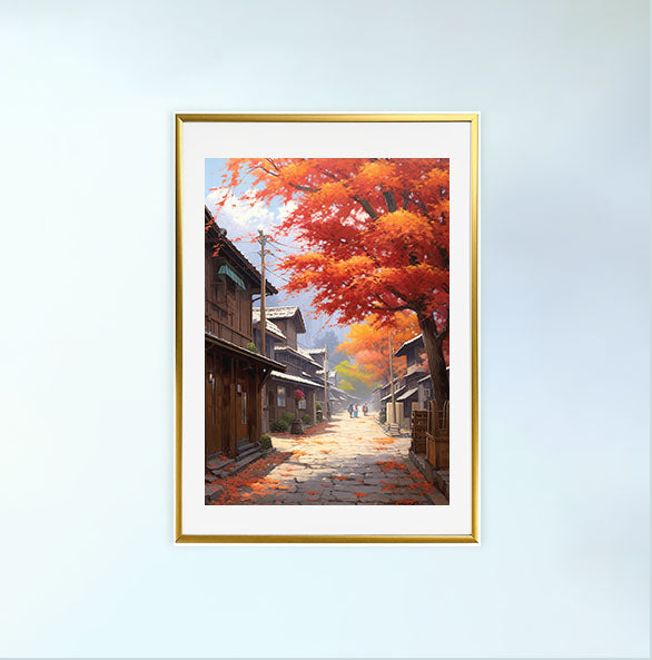 秋の紅葉のアートポスター金フレームあり