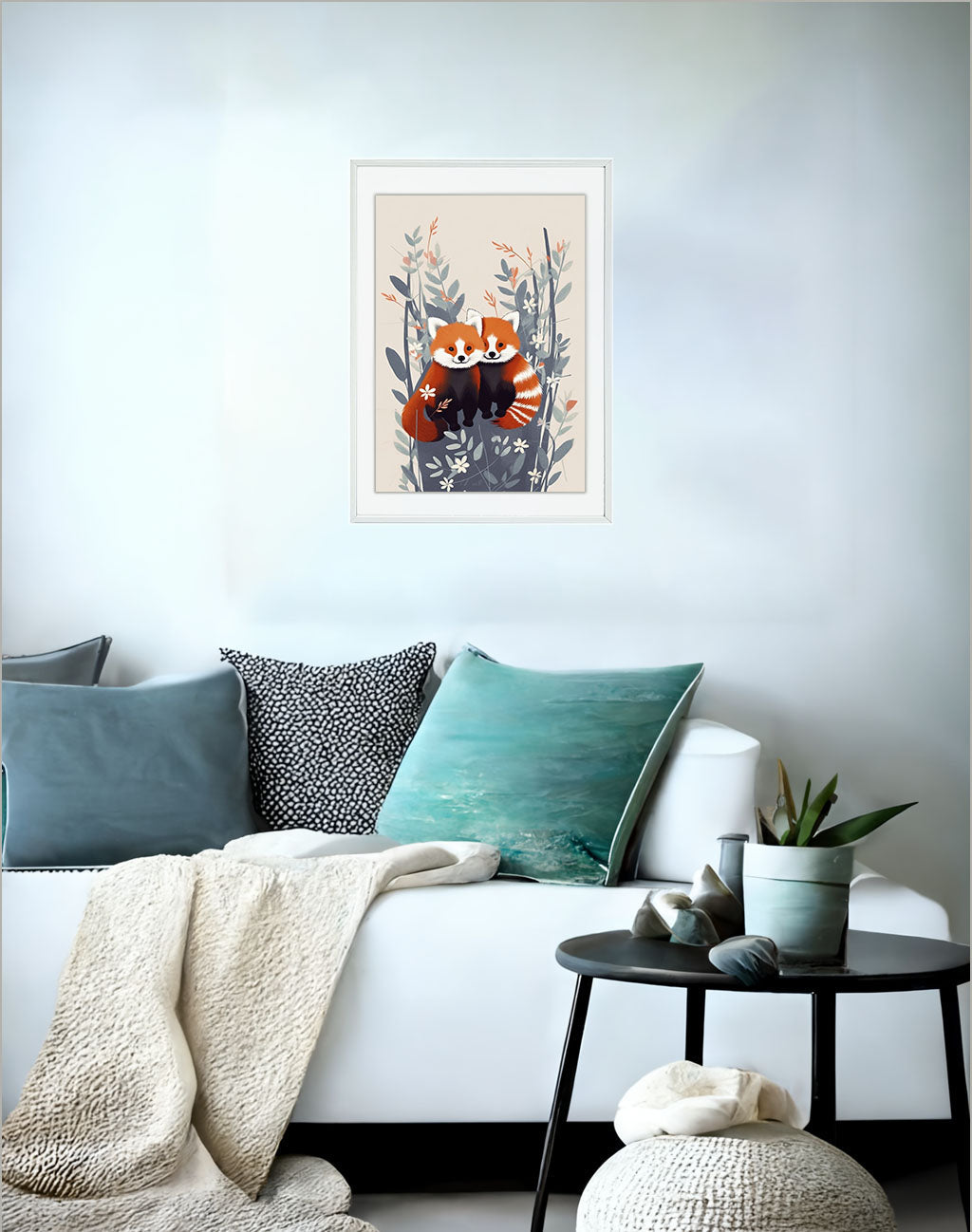 チャーミングなレッサーパンダのアートポスターソファ配置イメージ