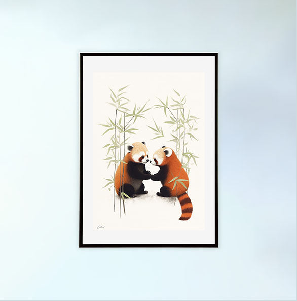 チャーミングなレッサーパンダのアートポスター黒フレームあり