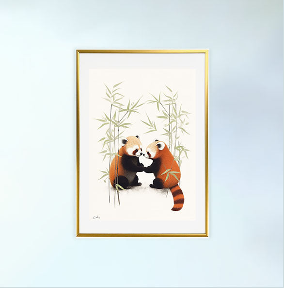 チャーミングなレッサーパンダのアートポスター金フレームあり