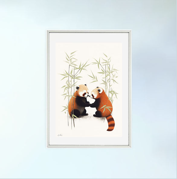 チャーミングなレッサーパンダのアートポスター銀フレームあり