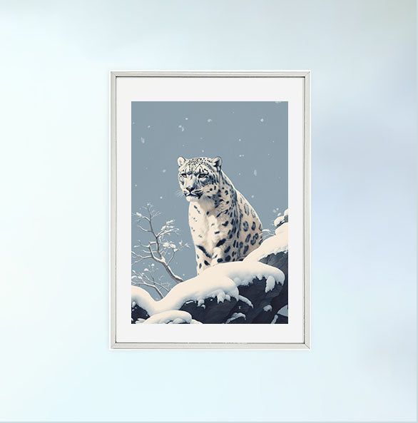 エルーシブ・スノーレオパードのアートポスター銀フレームあり