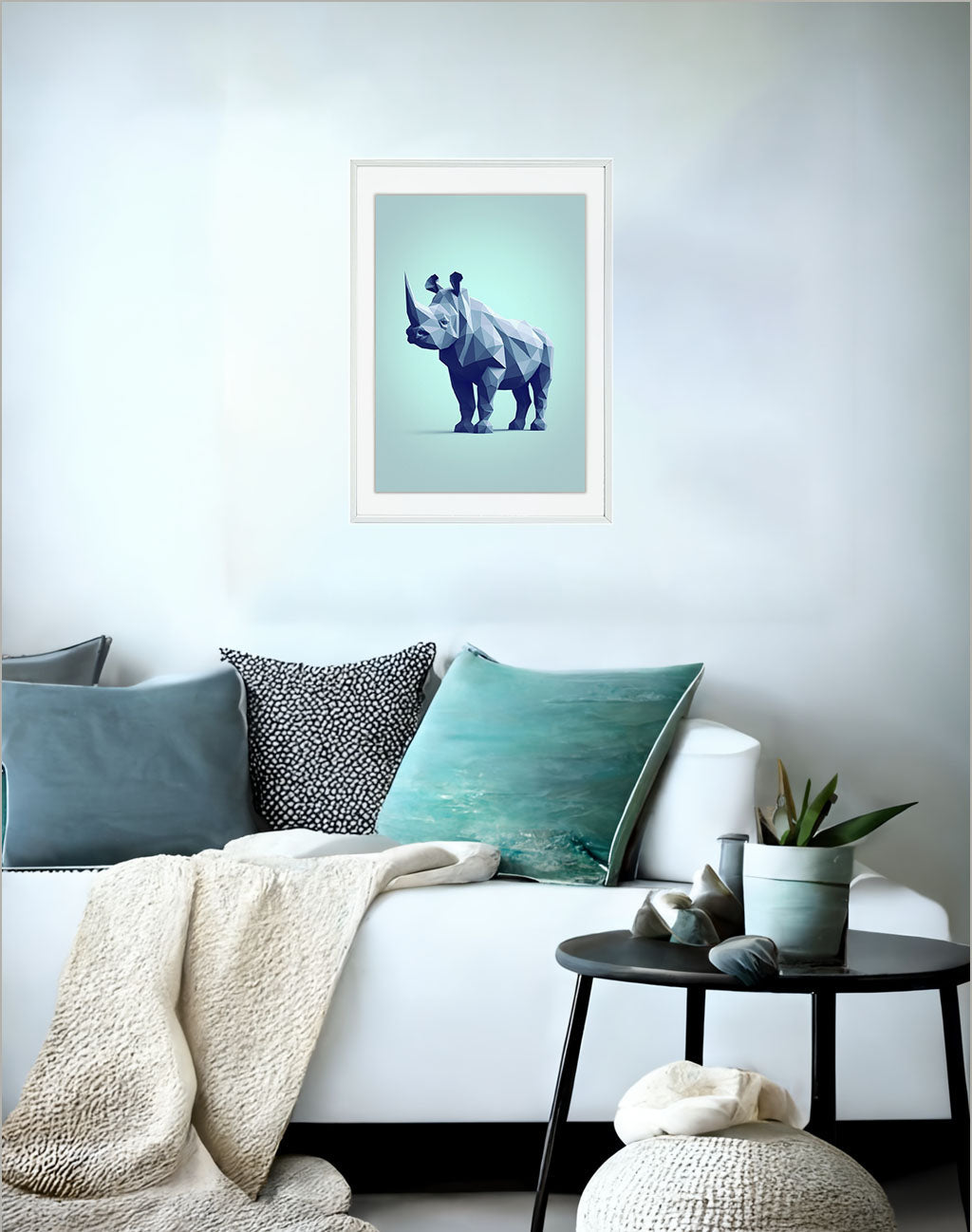 絶滅危惧種サイのアートポスターソファ配置イメージ