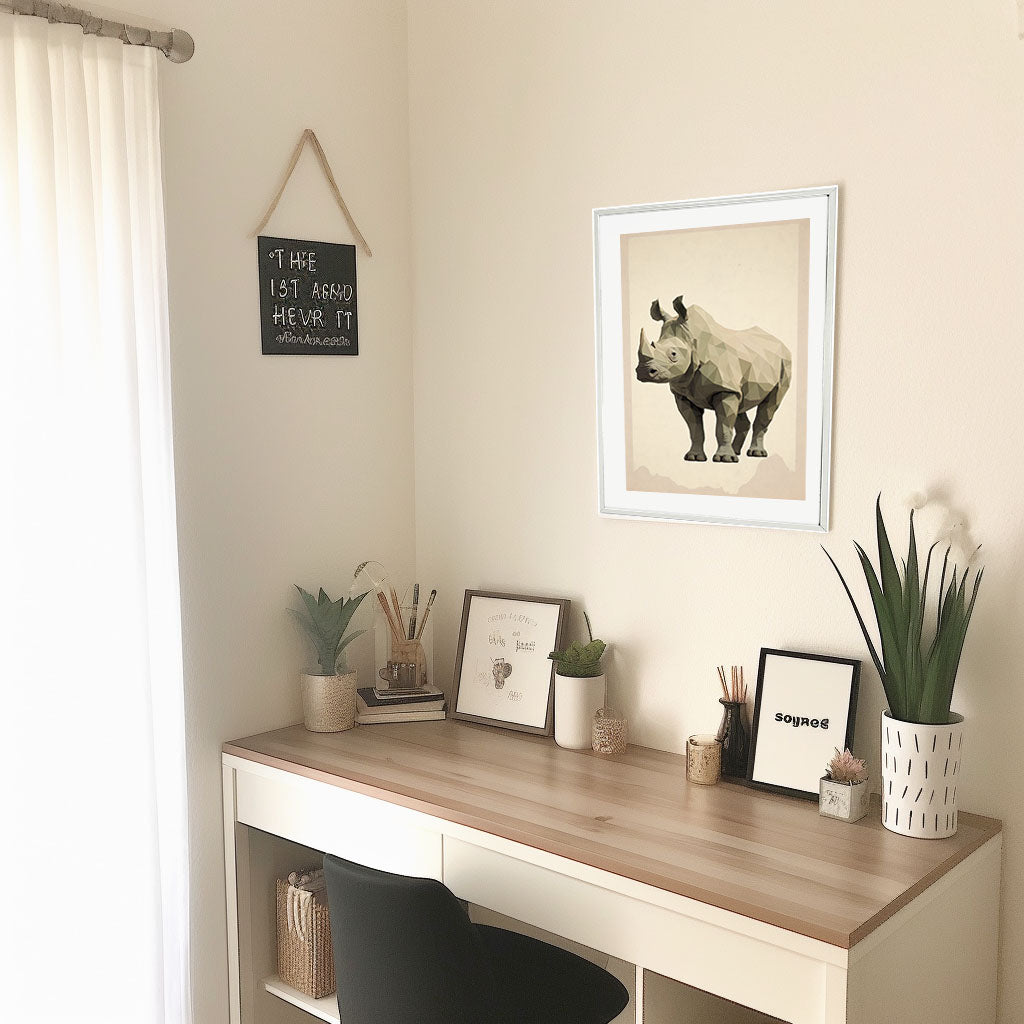 絶滅危惧種サイのアートポスター机配置イメージ