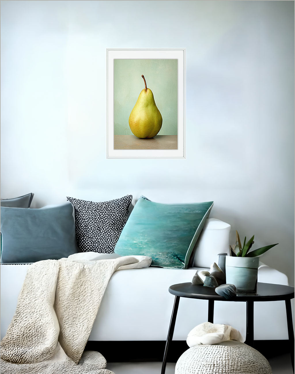 洋梨のアートポスターソファ配置イメージ