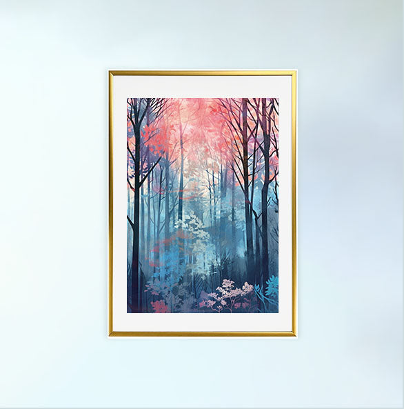 森林の木々のアートポスター金フレームあり