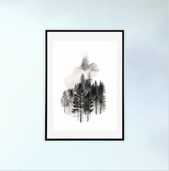 森林の木々のアートポスター黒フレームあり