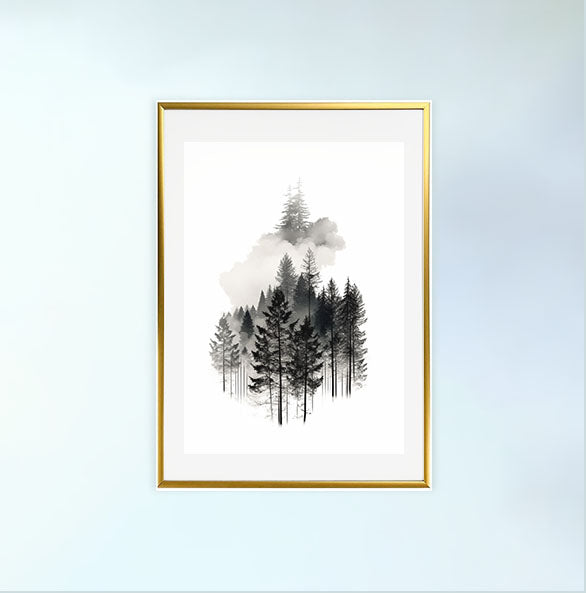 森林の木々のアートポスター金フレームあり