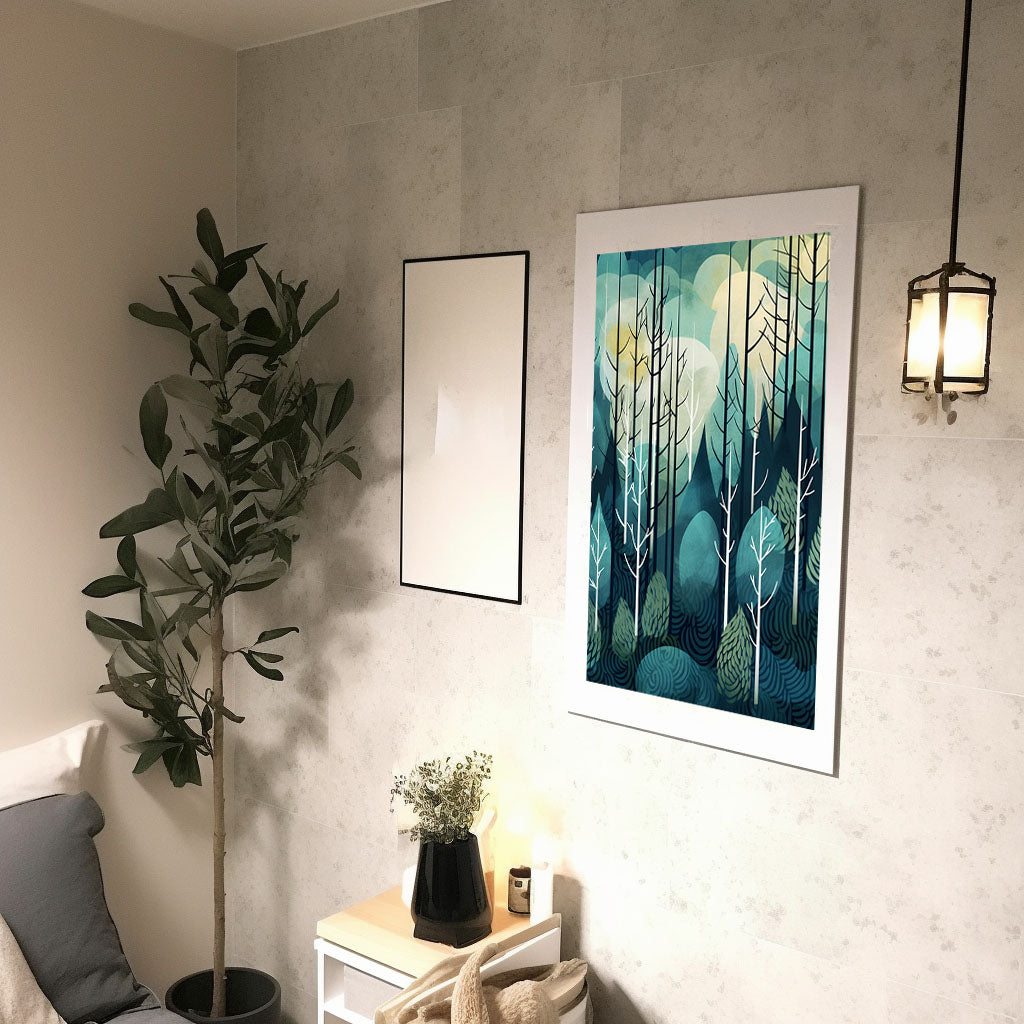 森林の木々のアートポスター廊下配置イメージ