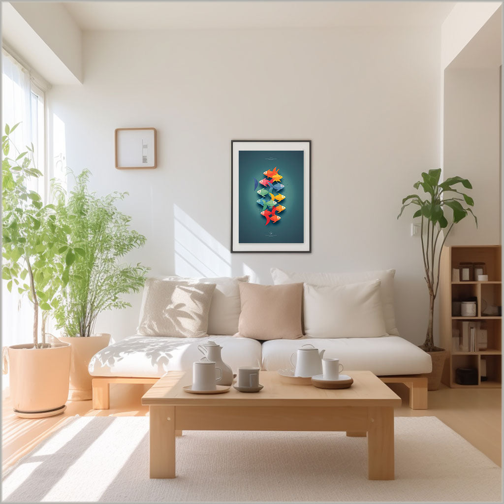 ハルモニアススクールオブフィッシュのアートポスターリビング配置イメージ