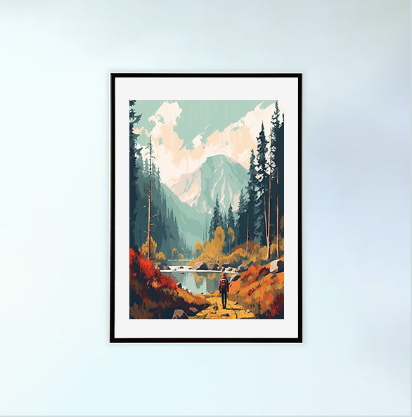ハイキングの景色のアートポスター黒フレームあり