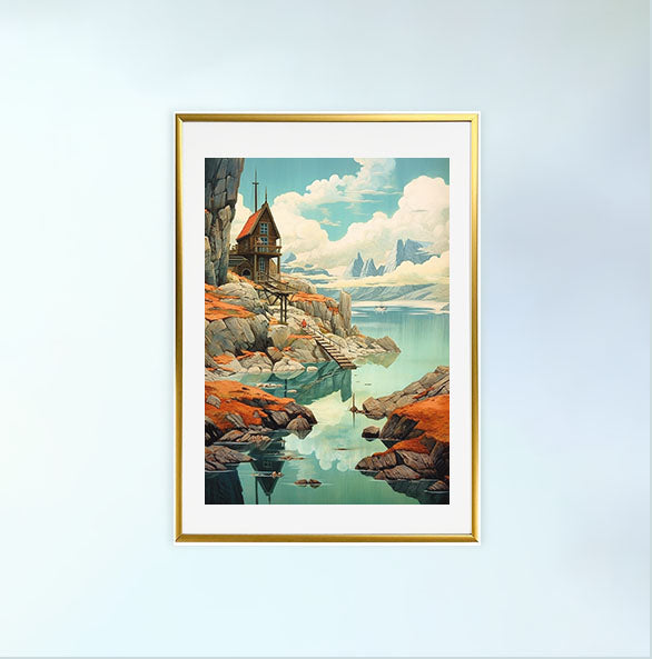 ハイキングの景色のアートポスター金フレームあり