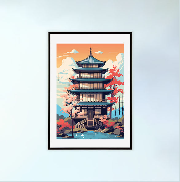 和風の建物のアートポスター黒フレームあり
