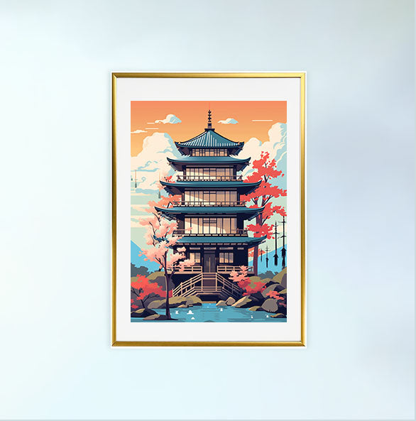 和風の建物のアートポスター金フレームあり