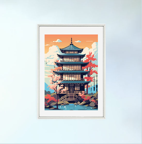 和風の建物のアートポスター銀フレームあり
