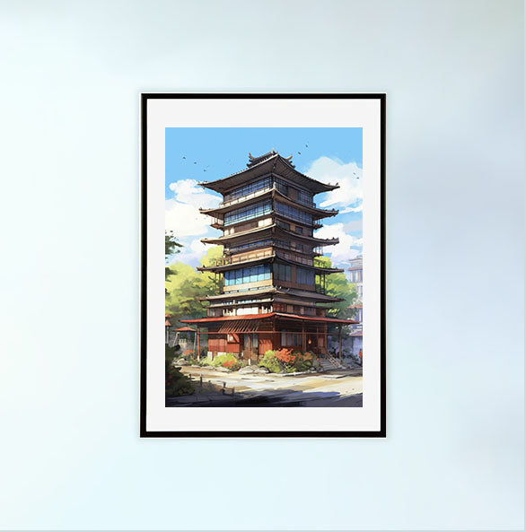 和風の建物のアートポスター黒フレームあり