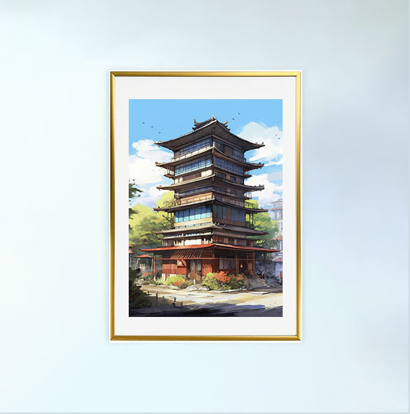 和風の建物のアートポスター金フレームあり