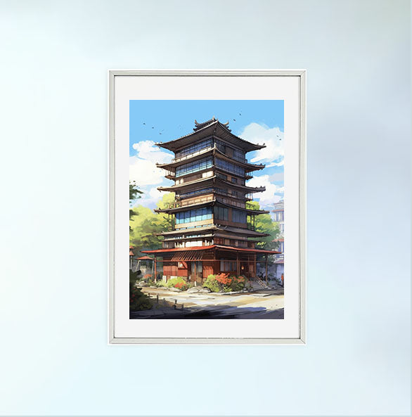 和風の建物のアートポスター銀フレームあり
