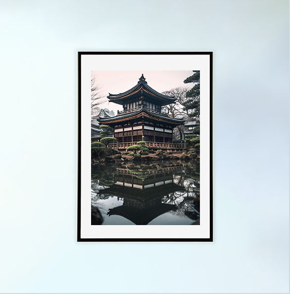 和風の建物のアートポスター黒フレームあり