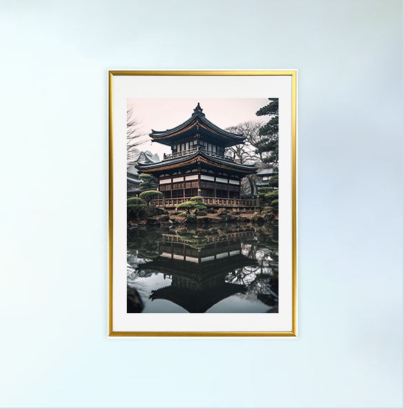 和風の建物のアートポスター金フレームあり