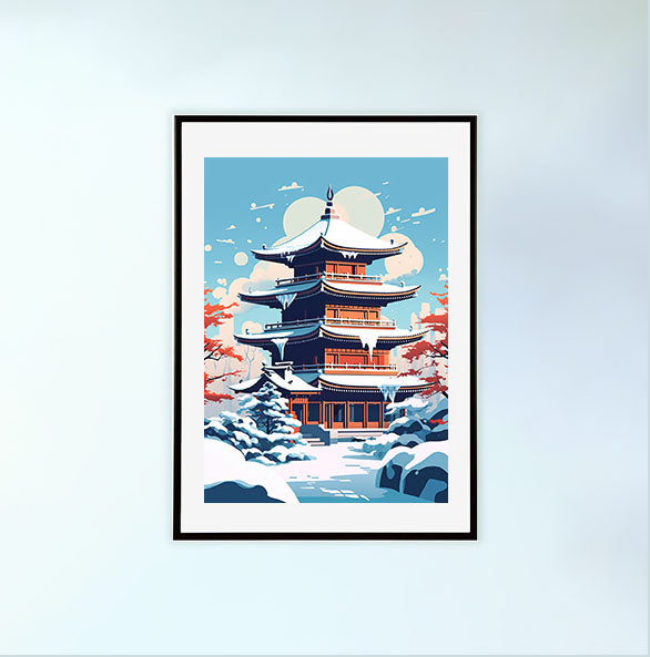 和風の建物のアートポスター黒フレームあり