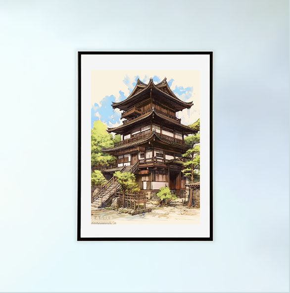 和風の建物のアートポスター黒フレームあり