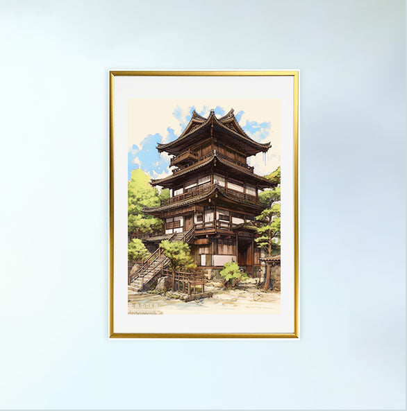 和風の建物のアートポスター金フレームあり