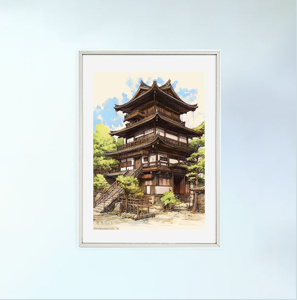 和風の建物のアートポスター銀フレームあり