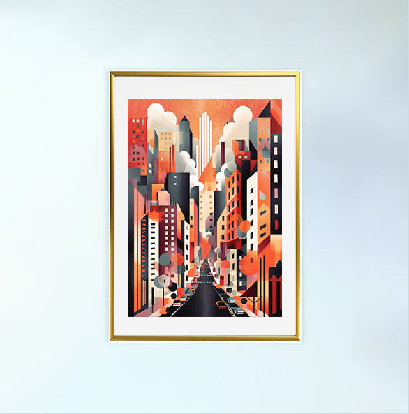 マンハッタンの街並みのアートポスター金フレームあり