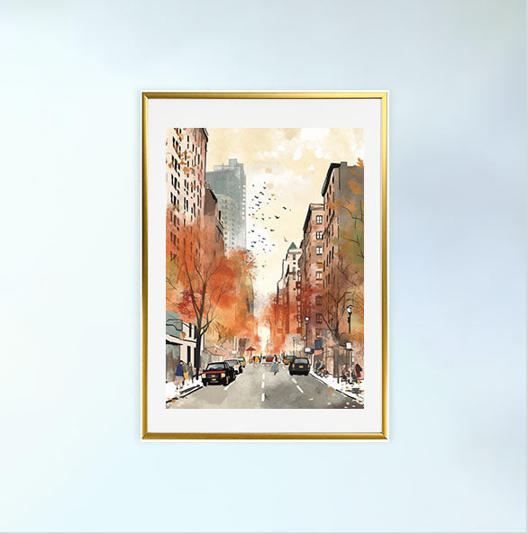 マンハッタンの街並みのアートポスター金フレームあり