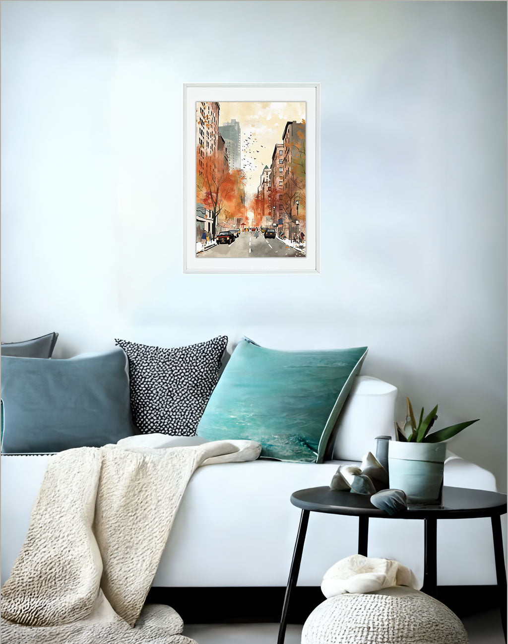 マンハッタンの街並みのアートポスターソファ配置イメージ