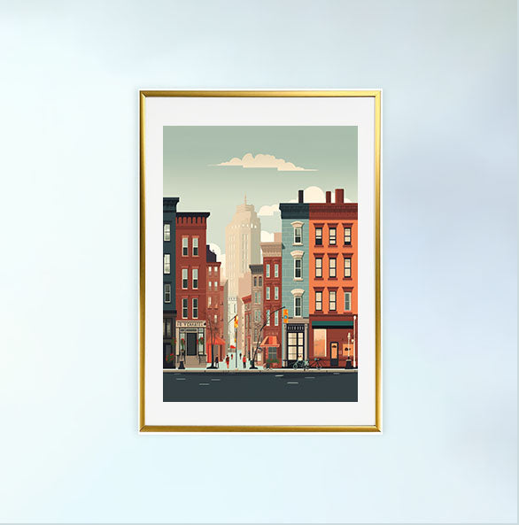 マンハッタンの街並みのアートポスター金フレームあり