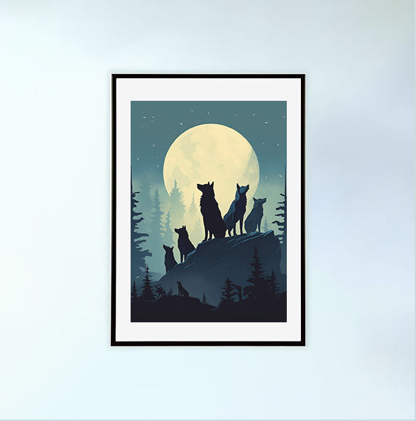 ナイトタイム・ウルフのアートポスター黒フレームあり