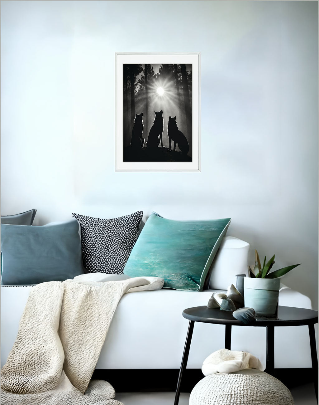 ナイトタイム・ウルフのアートポスターソファ配置イメージ