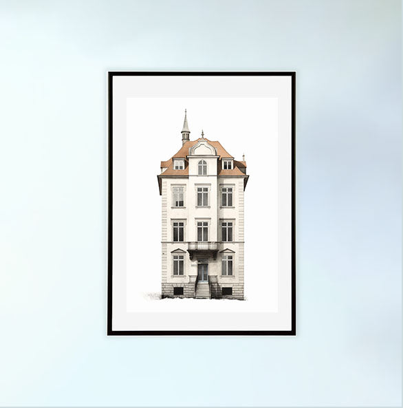 古い建物のアートポスター黒フレームあり