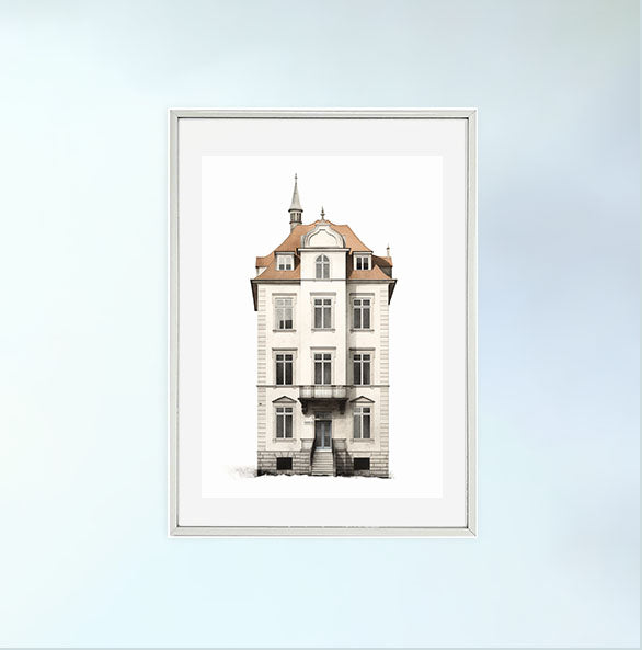 古い建物のアートポスター銀フレームあり