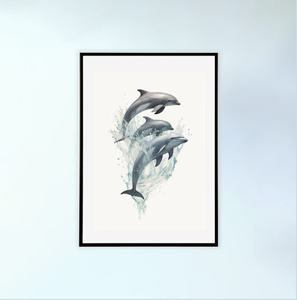 遊び心のあるイルカたちのアートポスター黒フレームあり