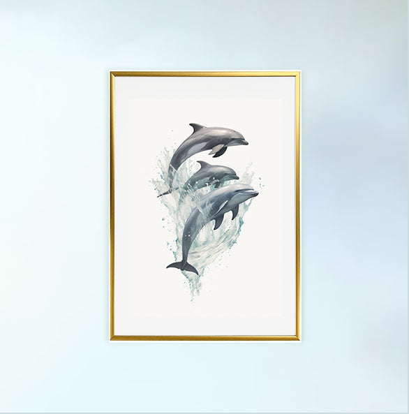 遊び心のあるイルカたちのアートポスター金フレームあり