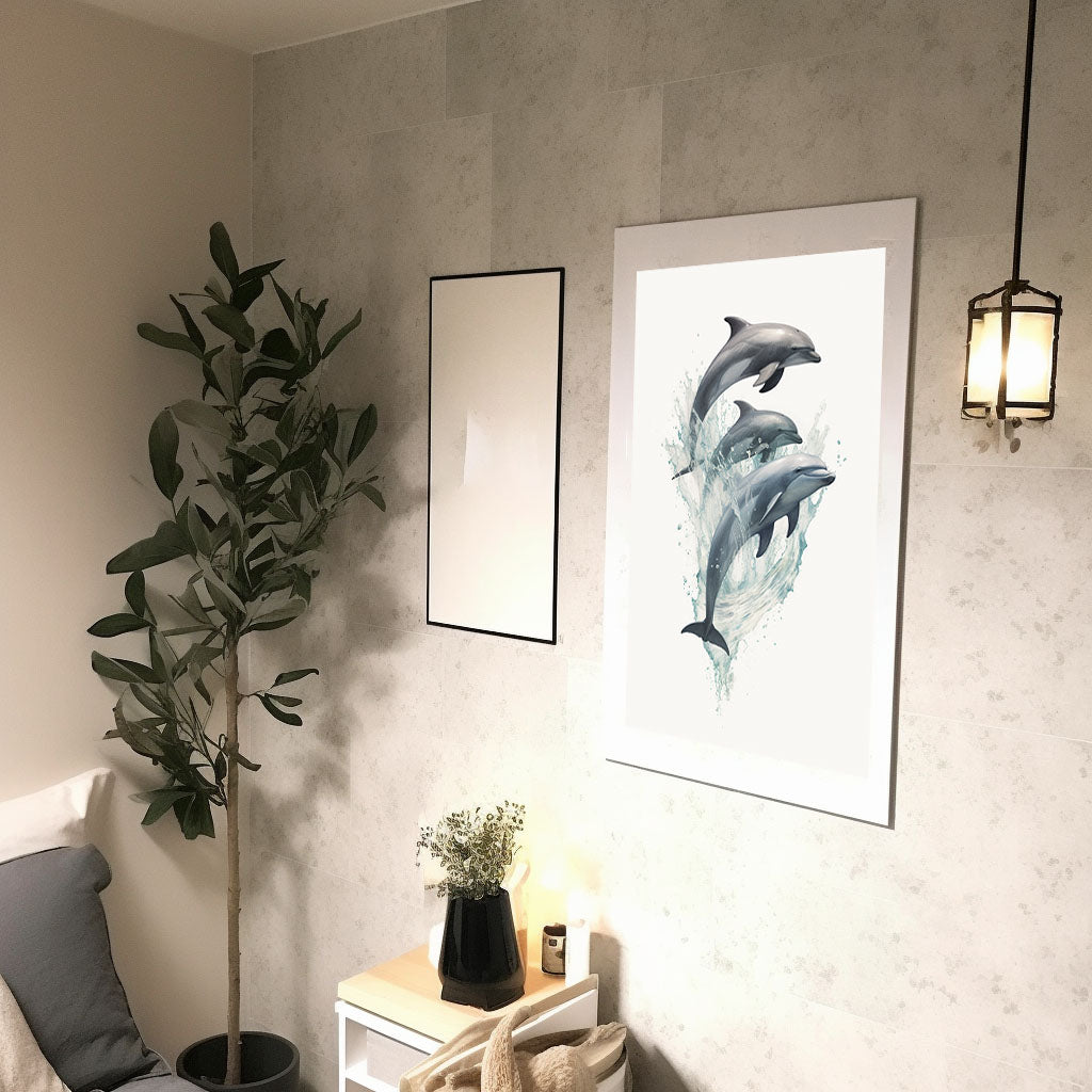 遊び心のあるイルカたちのアートポスター廊下配置イメージ