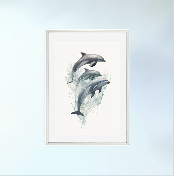 遊び心のあるイルカたちのアートポスター銀フレームあり