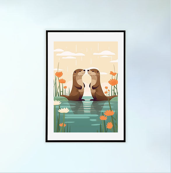 遊び心のあるラッコのアートポスター黒フレームあり