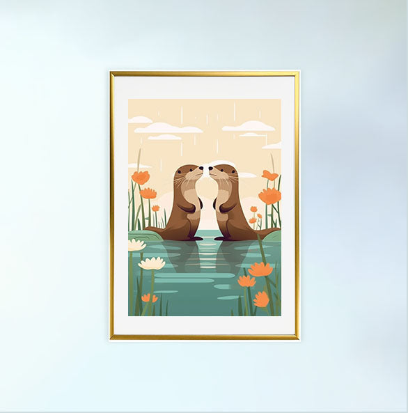 遊び心のあるラッコのアートポスター金フレームあり