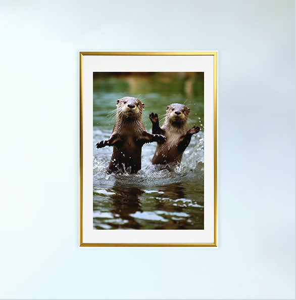 遊び心のあるカワウソのアートポスター金フレームあり