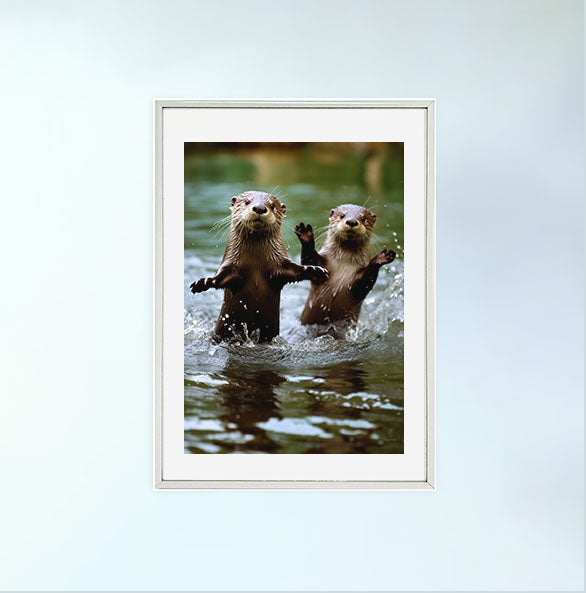 遊び心のあるカワウソのアートポスター銀フレームあり