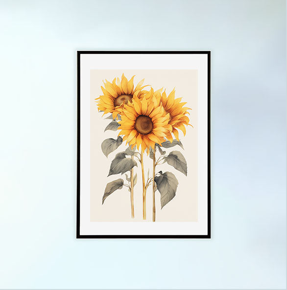 放射状に広がるひまわりのアートポスター黒フレームあり