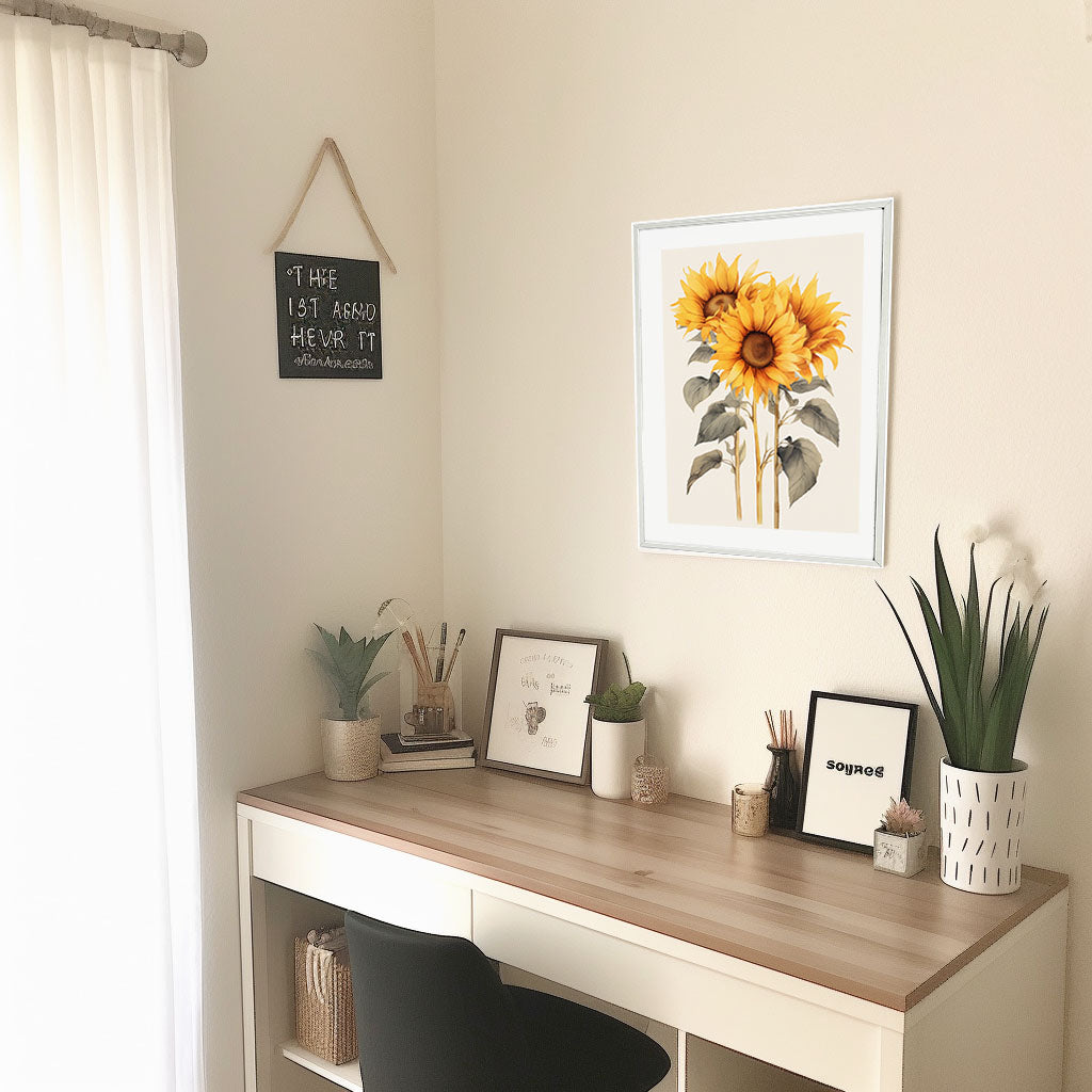 放射状に広がるひまわりのアートポスター机配置イメージ