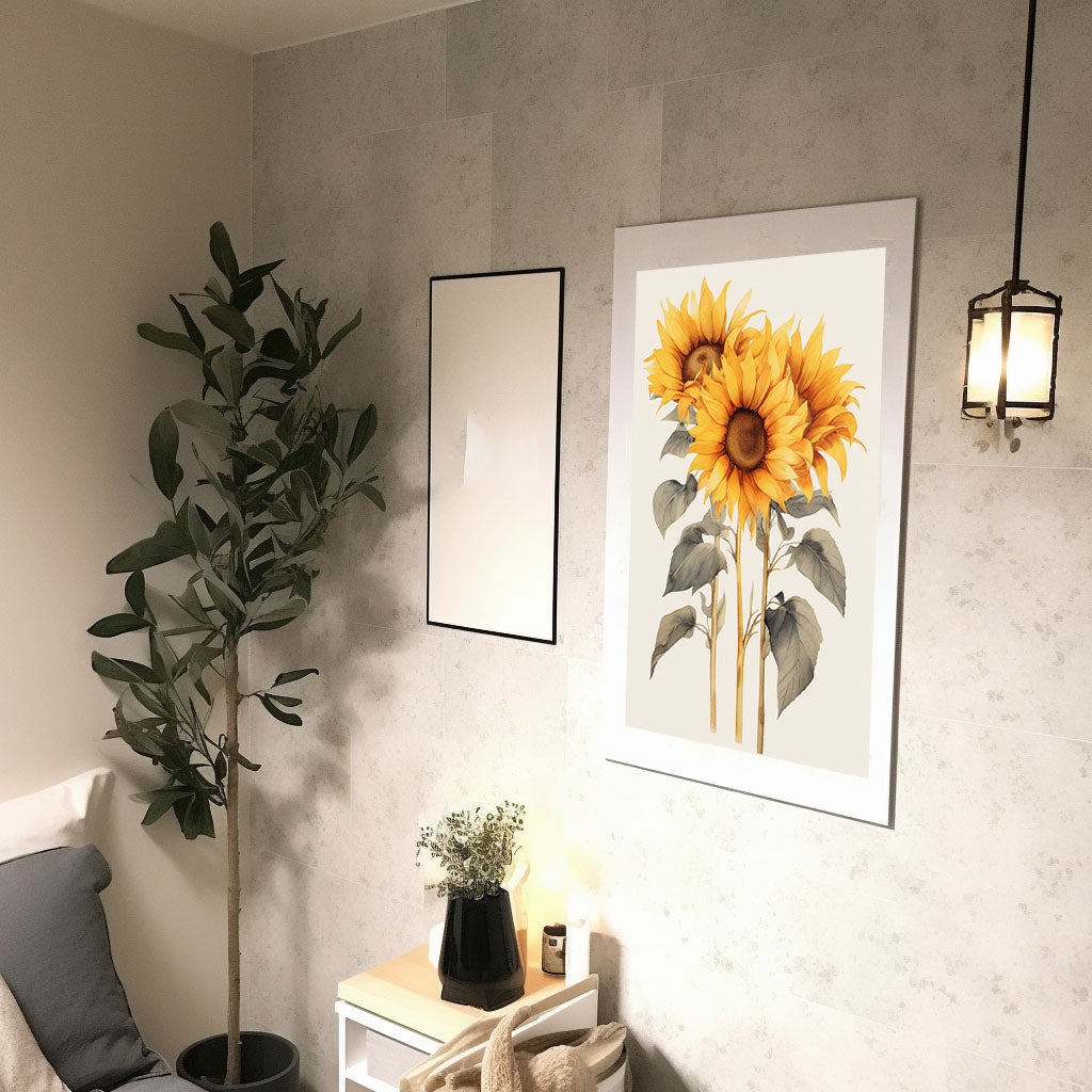 放射状に広がるひまわりのアートポスター廊下配置イメージ