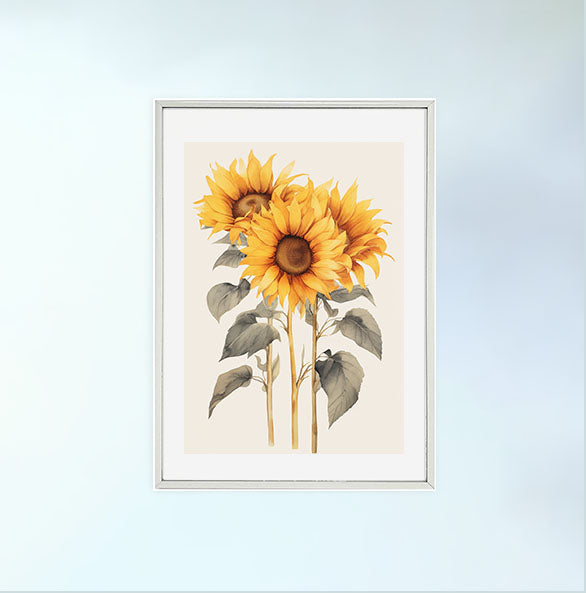 放射状に広がるひまわりのアートポスター銀フレームあり